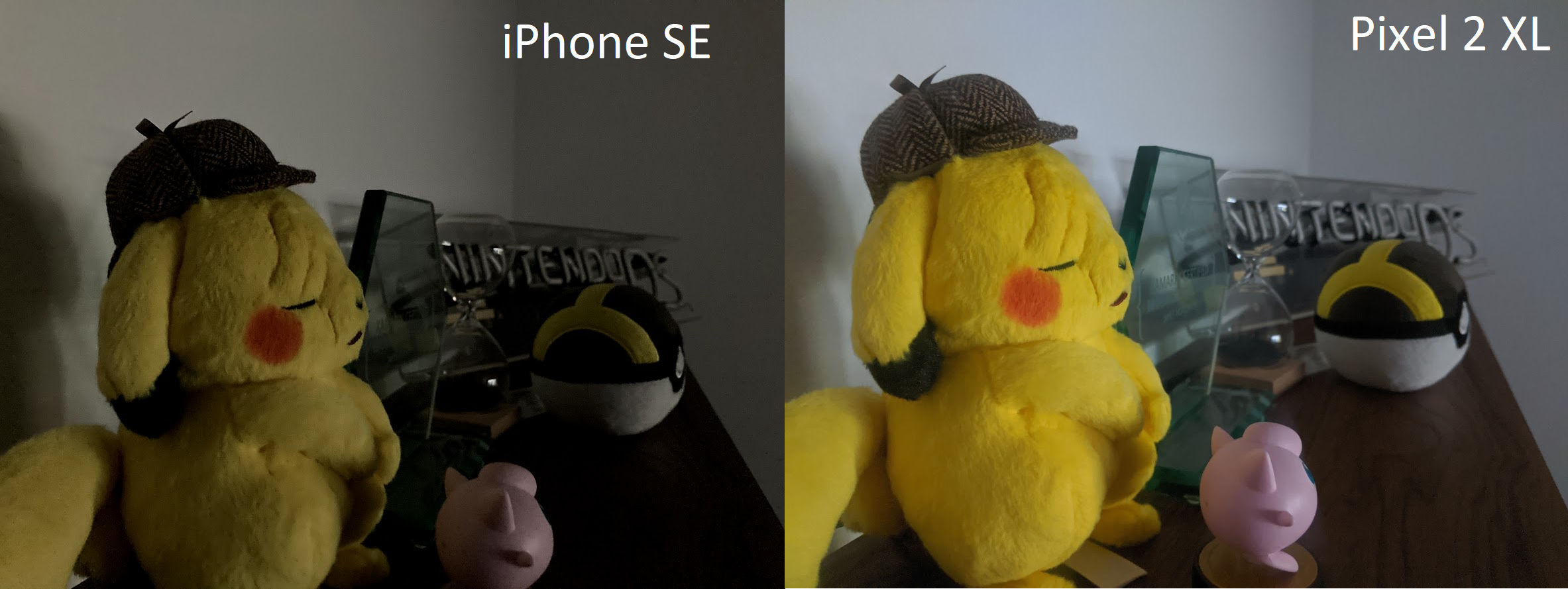 Side by side iPhone SE vs Pixel 2 XL pictures of Pikachu, pokeball, and neon sign on wood at night