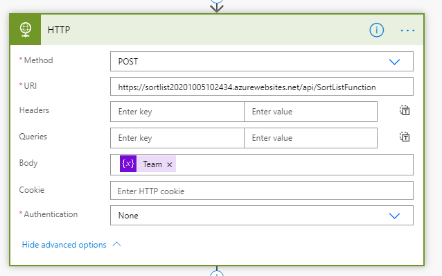 An HTTP POST calling the Azure Function and passing in the Team as the Body