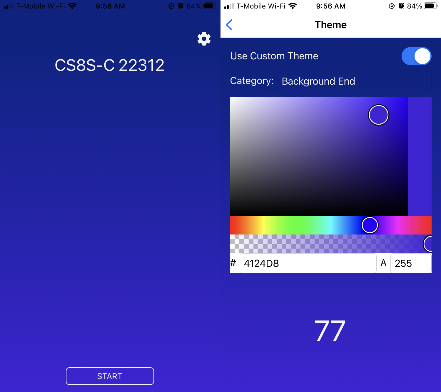 Selecting custom colors in the app