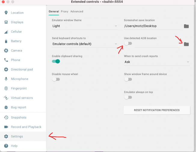 Android emulator settings showing how to manually set adb location