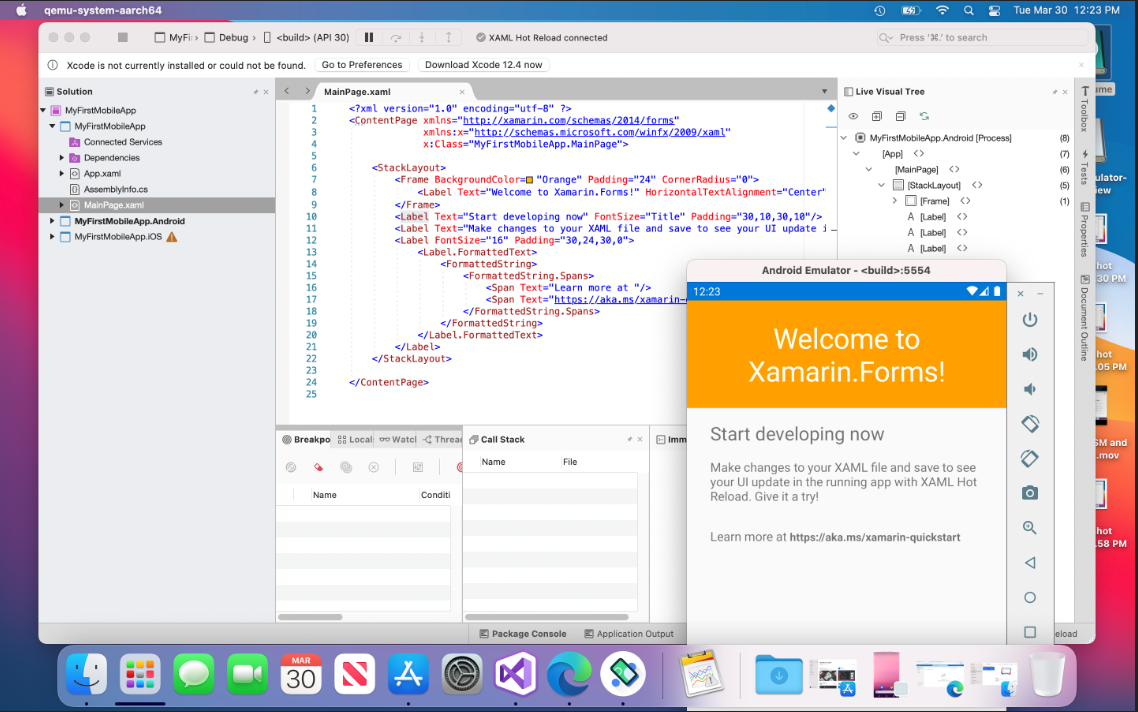 visual studio for mac + android app simulator