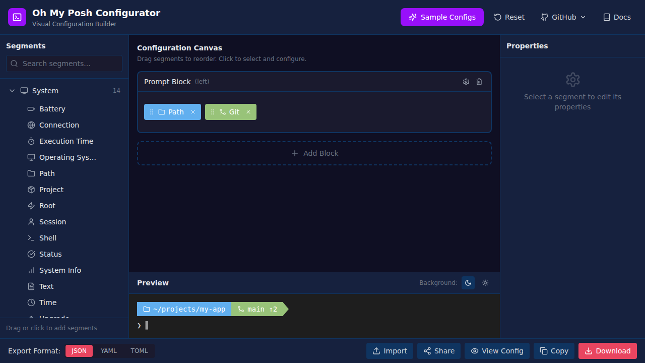 Introducing Oh My Posh Visual Configurator: Finally, a Drag-and-Drop Terminal Theme Builder! ✨